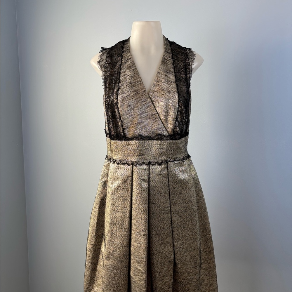 Kay Unger vintage ,gold and Black Lace , pleated Dress with pockets.